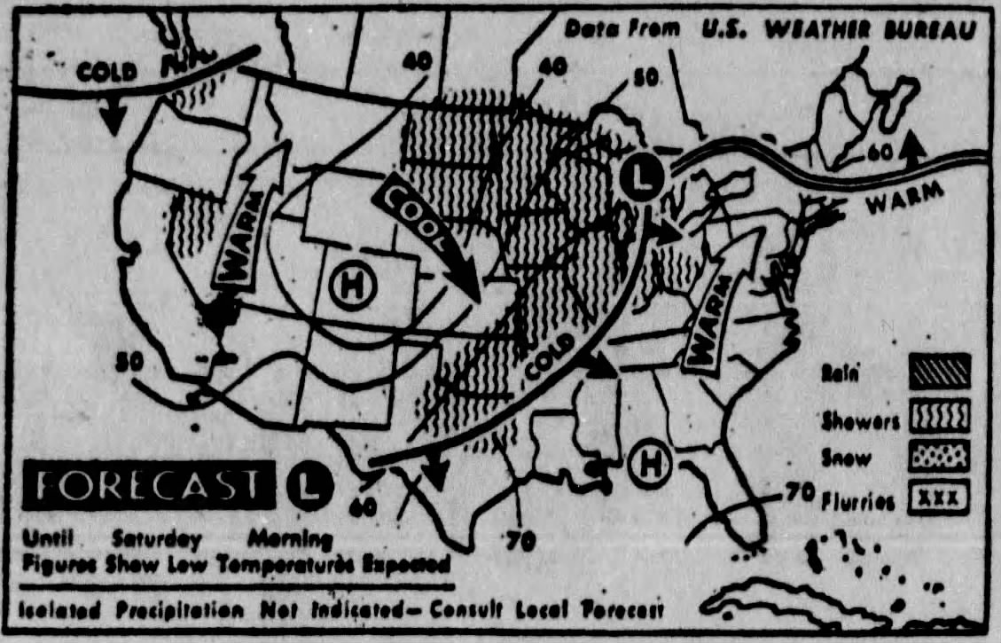 1964 年的天气预报图，靠人工观测手工绘制
